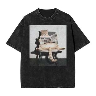 复古T恤水洗黑猫咪宽松男女同款潮流古惑仔美式短袖纯棉印花重磅