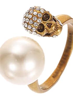 满钻骷髅头珍珠开口戒指