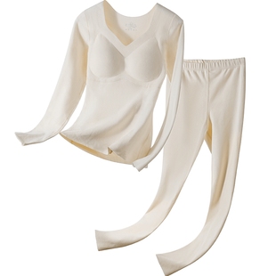 猫人带胸垫保暖内衣女款打底衫内搭上衣羊毛蚕丝秋衣秋裤套装