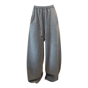 灰色加绒弯刀阔腿裤女秋冬高腰慵懒感抽绳糯米运动裤休闲羊绒卫裤