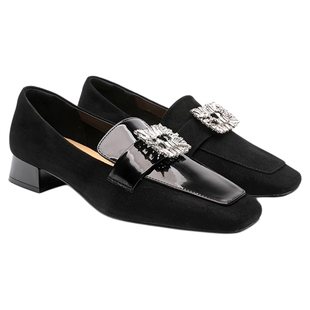 月芽儿2025新款时尚百搭休闲一脚蹬乐福鞋方扣水钻粗跟方头单鞋女