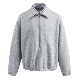 马切达冬季加绒翻领假两件男士长袖卫衣半拉链学院风日系外套