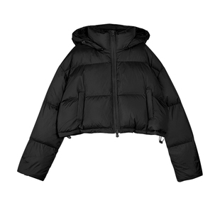 NEVA HU【现货6.5折】黑色白鸭绒羽绒服女短款宽松连帽棉服外套