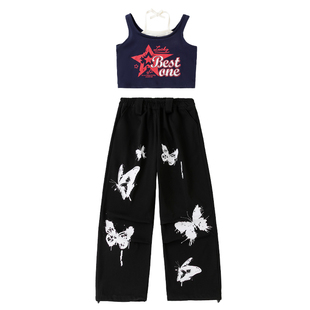 少儿爵士舞街舞表演出服女童jazz蝴蝶印花裤子吊带露脐舞蹈服夏季