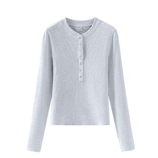 班尼路麻灰色开领罗纹打底衫女2025秋季新款小个子穿搭显高长袖N