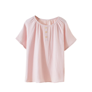 夏季纯棉纱布睡衣女半袖上衣圆领套头短袖纯色全棉绉布家居服大码