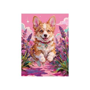 粉色柯基狗狗和花海diy数字油画宠物治愈系手绘填充丙烯画装饰画