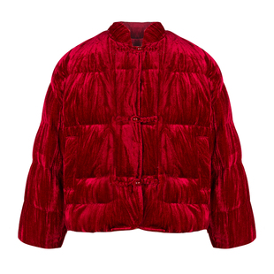 LittleNaive女童中式羽绒服冬季新款儿童国风丝绒外套红色拜年服