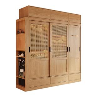 木兜家具中古风衣柜家用卧室全挂式藤编移门衣橱实木质推拉门衣柜