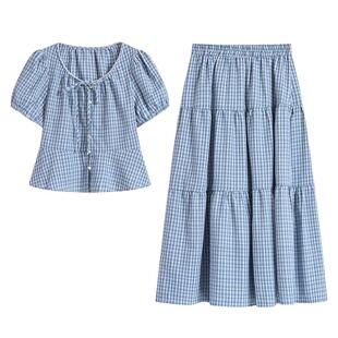 紫涵格纹花边短袖小衫松紧腰a字半身裙两件套装女2026年夏季新款