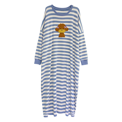 花之驿纯棉加长睡裙大码条纹卡通