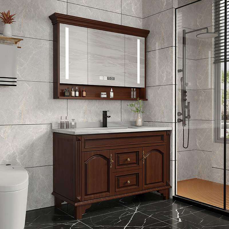 美式橡木浴室柜组合卫生间岩板洗脸盆智能镜柜洗漱台落地洗手盆柜