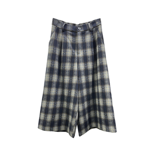 毛呢中裤七分阔腿裤女秋冬高腰显瘦宽松休闲直筒英伦风格子八分裤