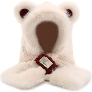 2024新款毛绒绒小熊帽子围巾一体女款加厚保暖秋冬季护耳连帽围脖