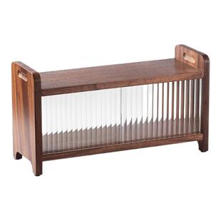 桌面胡桃木置物架中古风可推拉门收纳柜实木小型置物架台式博古架