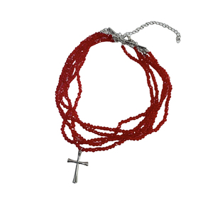 atmsh红色仿水晶珠串多层十字架吊坠万圣节血红项链甜酷锁骨链女