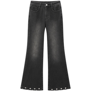 【商场同款】乐町水洗牛仔裤春新款复古撞钉修身喇叭裤C1HAG1121