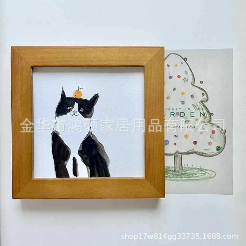 手绘可爱小尺寸相框装饰画柜面摆桌面装裱定制画框原木风格组合台