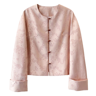 清新柔美!粉色织锦提花人丝+羊毛新中式圆领短外套轻国风上衣
