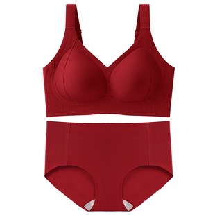 本命年套装红色内衣女胸大显小结婚新娘收副乳防下垂无痕内裤文胸