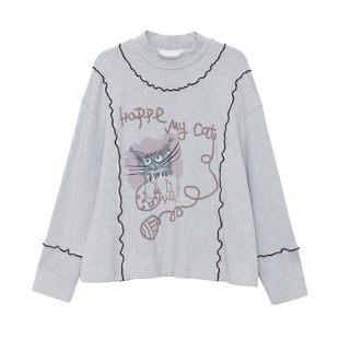 MOVEUP幻走2025冬季新款.FUN系列小立领趣味印花撞色线短款T恤女