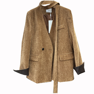 TARU复古法尼绒西装外套女新款宽松拼接皮反袖高级感黑色小西服潮