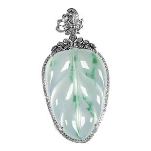 天然翡翠A货老坑高冰种飘花金枝玉叶翡翠吊坠18K金冰绿大业有成