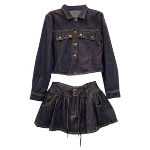 2026春季新款翻领牛仔衬衫短外套+抽绳收腰A字短裙小个子减龄套装