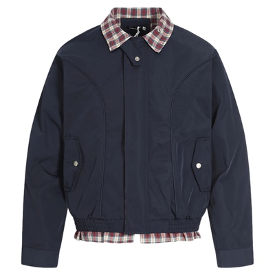 复古格纹假两件拼接夹克外套