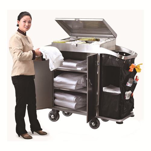 厂家酒店客房不锈钢服务车带门双边房口车布草车清洁车多功能布袋