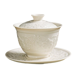 高端定窑白瓷浮雕悬停盖碗茶杯客厅家用泡茶碗复古功夫茶具伴手礼