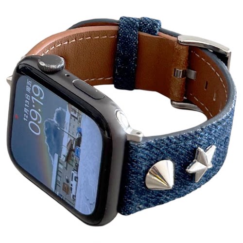 复古翻毛皮牛仔拼色金属iwatch表带se适用S10苹果手表新款秋冬789