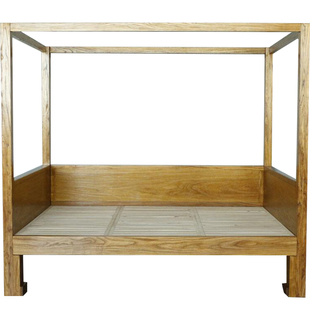 禅意新中式实木围栏沙发床BD147-3A老榆木1米5四柱帷幔围栏架子床