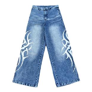 YIZILINGF原创国潮图腾大印花水洗宽松小众baggy牛仔裤男女阔腿裤