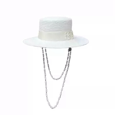 白色RB平顶草帽双珍珠链条宽檐