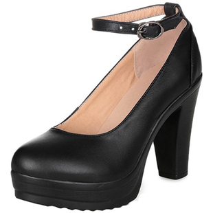 白色圆头超高跟T台走秀鞋厚底防水台一字扣粗跟模特鞋浅口单鞋女