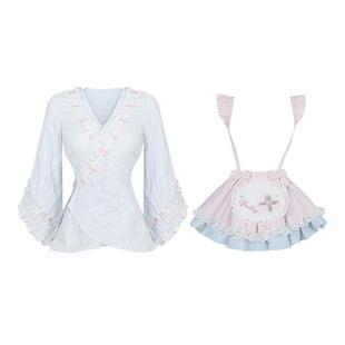 少女椰子【甜品系】蓝樱糖霜夏季套装和风蓝色上衣粉蓝花苞背带裙