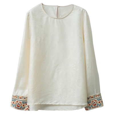 丝艺袖口刺绣真丝花萝新中式上衣女100桑蚕丝提花长袖圆领小衫春