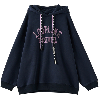 韩版藏青色休闲字母加绒连帽卫衣