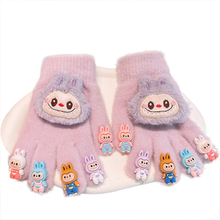 儿童卡通拉布布美甲五指套冬季保暖幼童秋冬加绒加厚防寒护手手套
