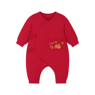 婴儿中国红色连体衣满月宝宝哈衣