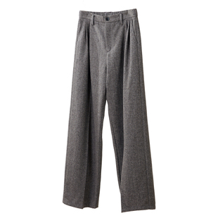 棕色人字纹毛呢裤男秋冬新款加厚裤子男咖色羊毛西装裤宽松直筒裤