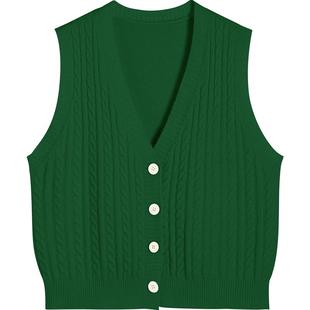 弥古绿色v领针织马甲女秋冬毛线背心叠穿无袖显瘦毛衣小马夹上衣