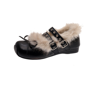皮带扣毛毛芭蕾舞鞋女冬加绒保暖平底棉鞋蝴蝶结毛绒女鞋增高平头