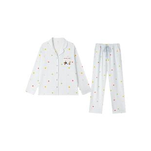 纯棉睡衣女春秋可爱带胸垫夏季长袖情侣家居服波点防凸点2026新款