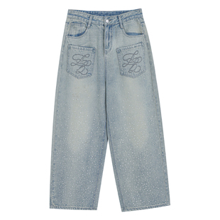 大码巨好看的冬装亮钻裤子梨型身材粗腿宽胯胖mm显瘦加绒牛仔裤女