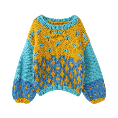 蔻后圆领慵懒风宽松棒针撞色毛衣