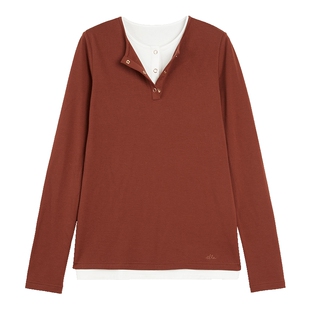 ELLE假两件打底衫女亨利领上衣磨毛保暖铁锈红内搭2025冬季新款