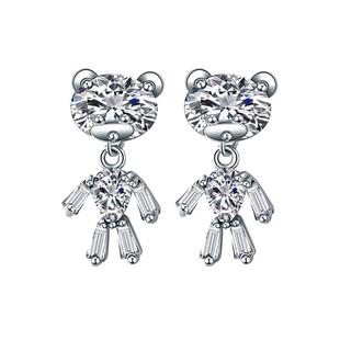卡通简约S925纯银耳钉韩国气质个性可爱水晶小熊耳环女耳饰品耳坠