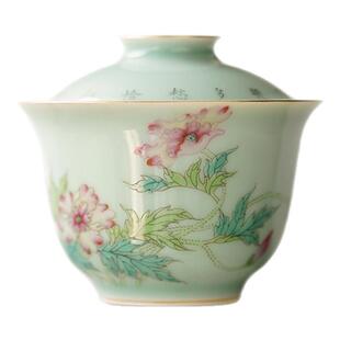 七月长盖碗手绘陶瓷茶杯豆青虞美人茶盘闻香杯茶具景德镇云由山坊